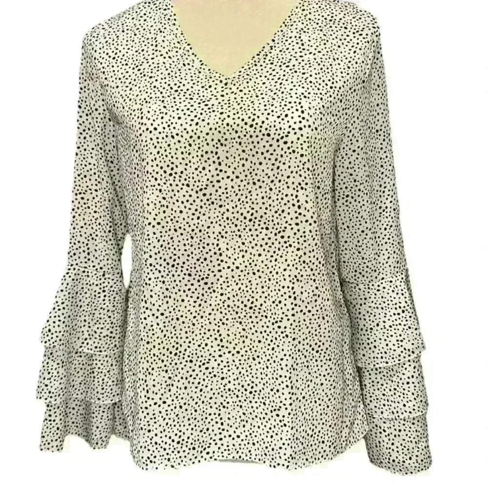 SHEIN Allover print layer long sleeve ivory and black blouse bell sleeves small - Picture 4 of 10